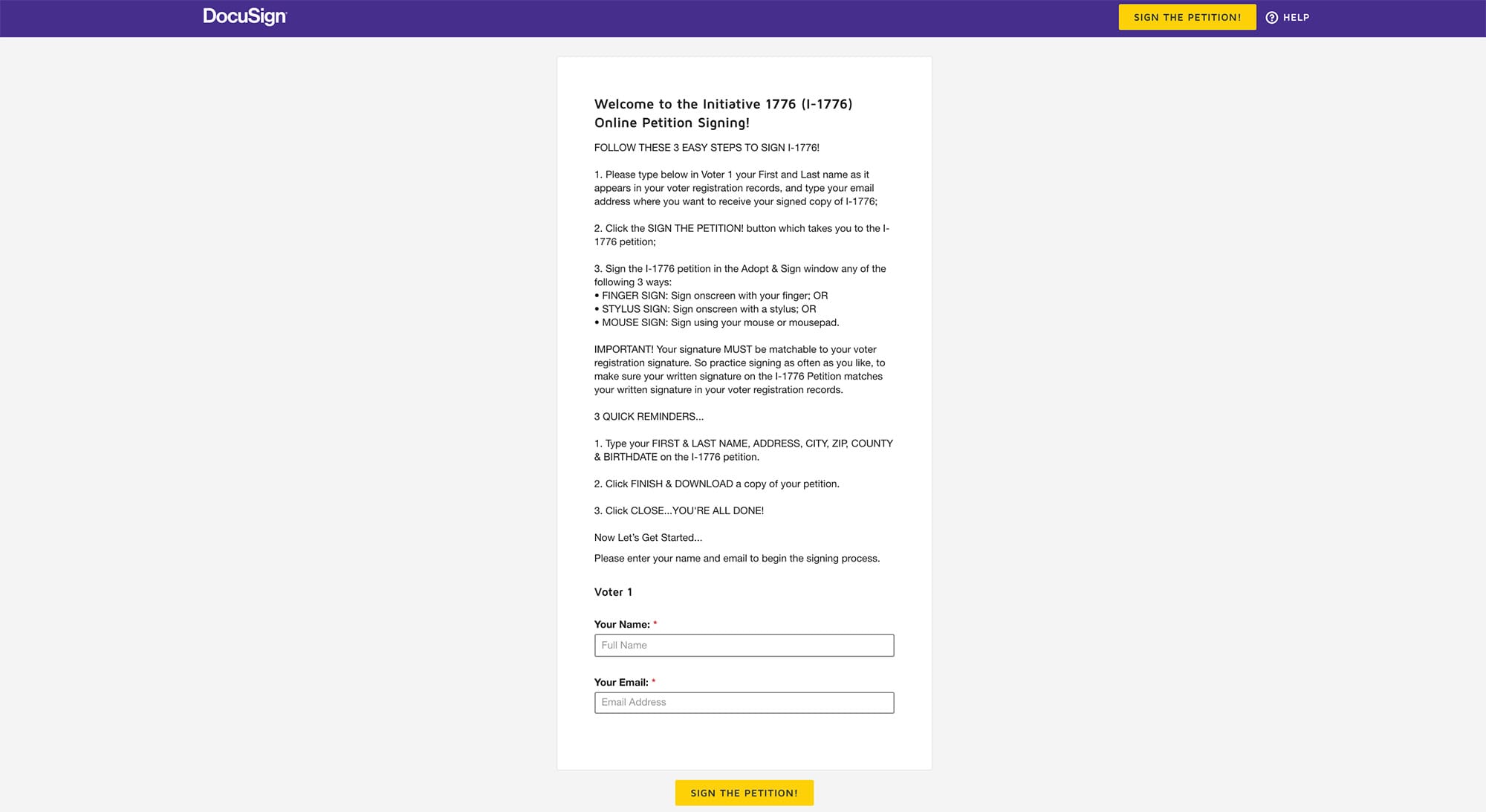 Image of online petition form for I-1776