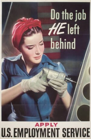 Wartime poster stating that women can "do the job he left behind"