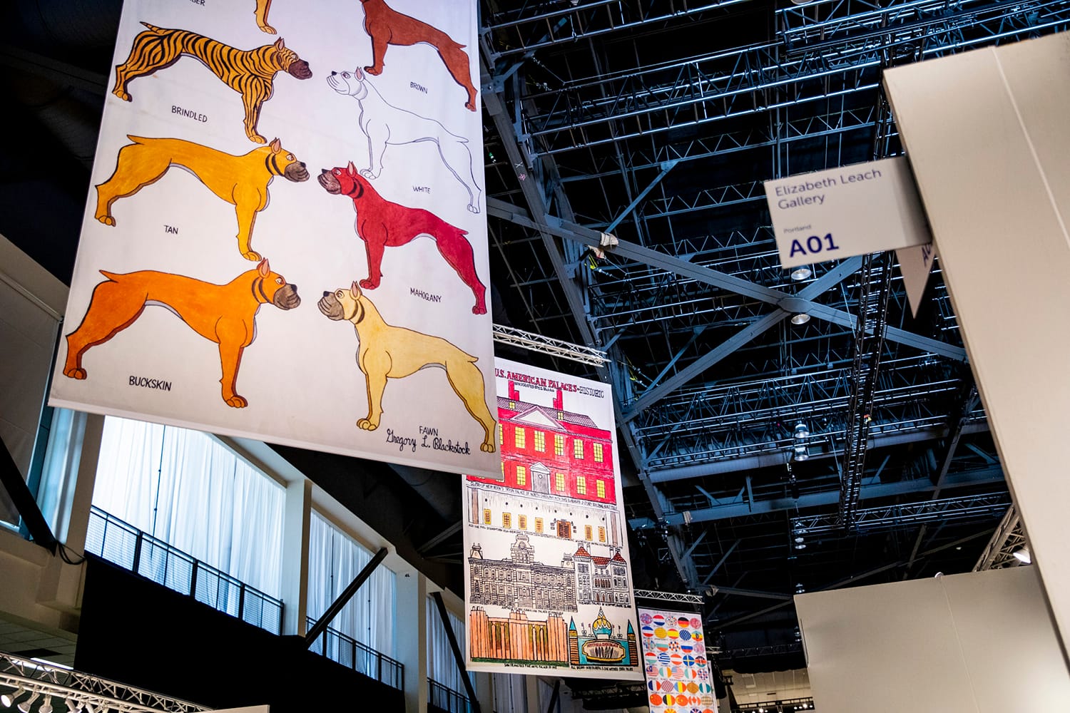 Banners by Gregory Blackstock during the Seattle Art Fair at CenturyLink Field Event Center on Aug. 1, 2019.