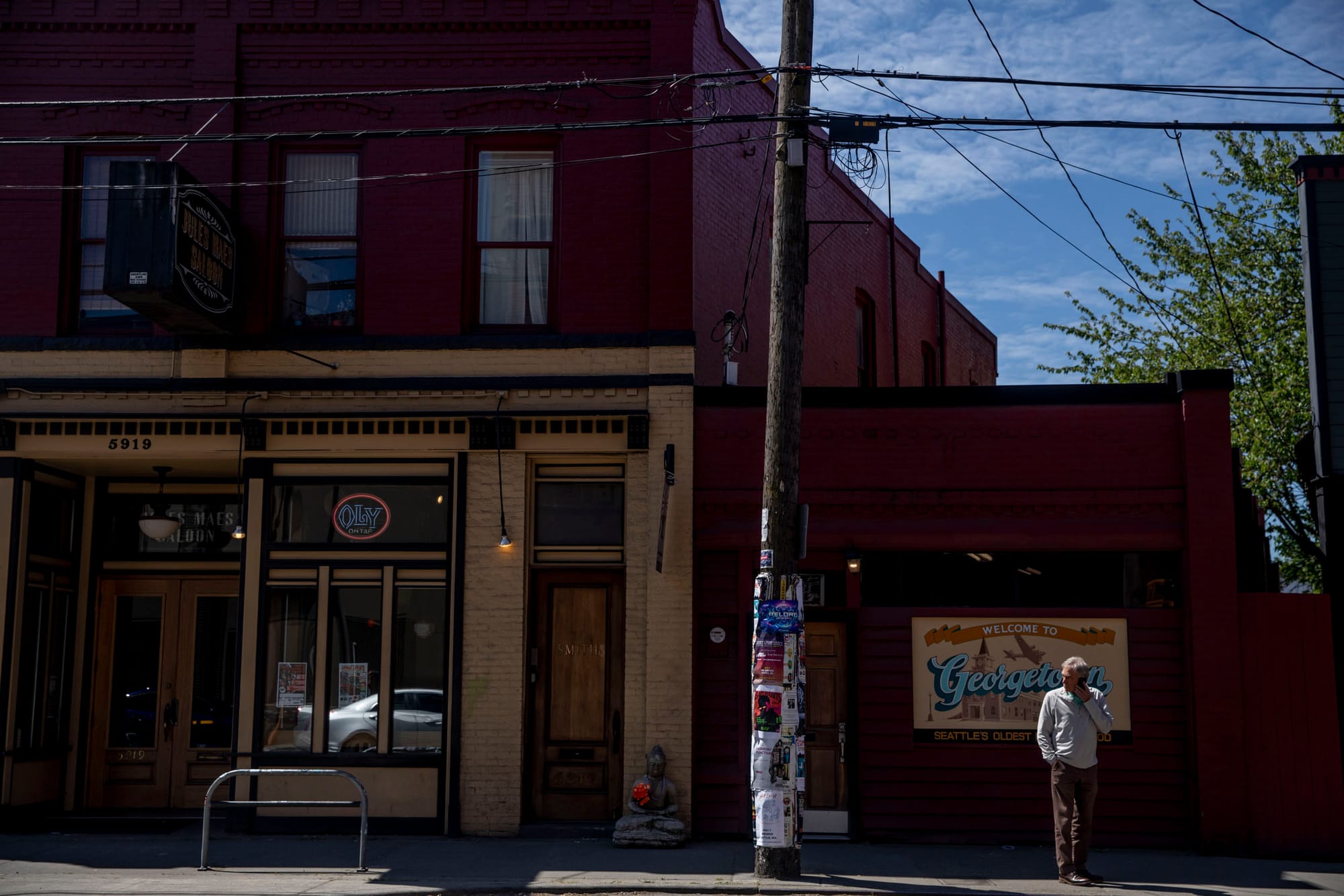 Part of the downtown strip of the Georgetown neighborhood in Seattle on May 8, 2019. (Photo by Dorothy Edwards/Crosscut)