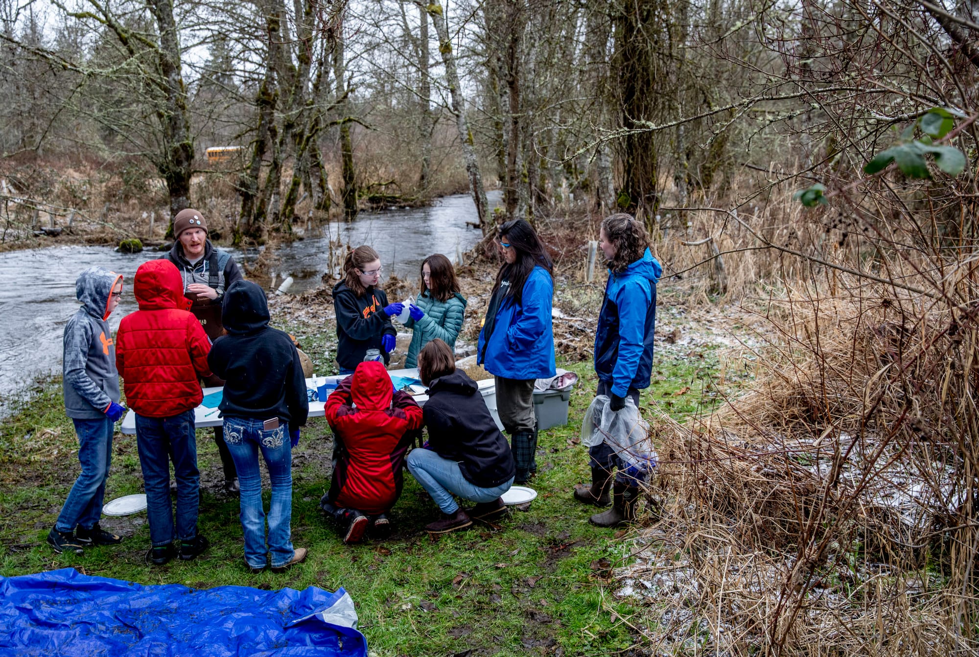Members of Cougar Mountain Middle School's Science Squad test the water quality of Muck Creek.