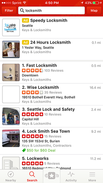 A listing of Seattle locksmiths on Yelp. The majority of results shown are not registered businesses. 