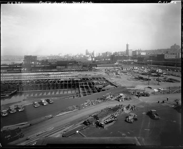black and white view of Seattle's port