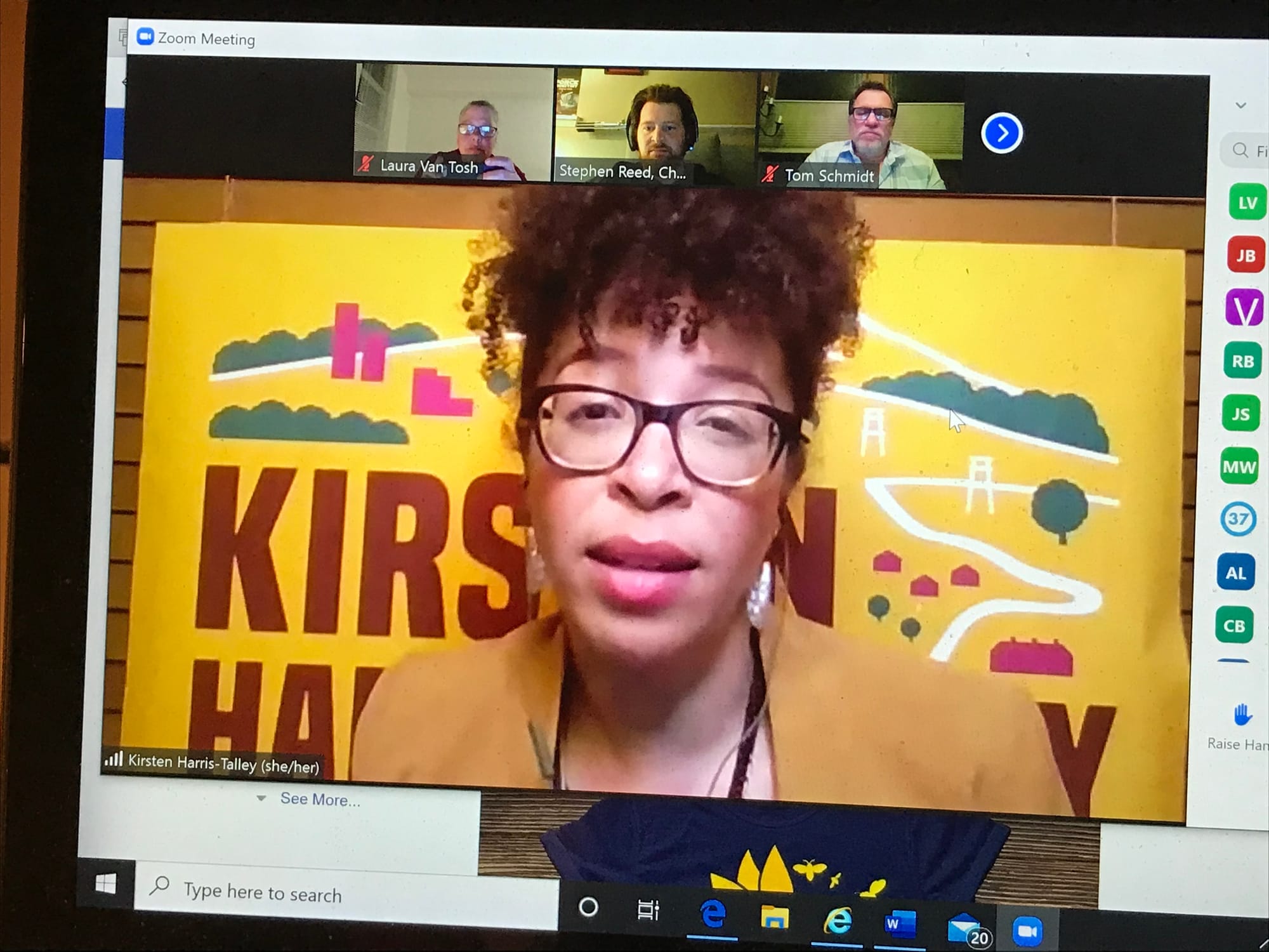 Kirsten Harris-Talley speaks during a Zoom meeting