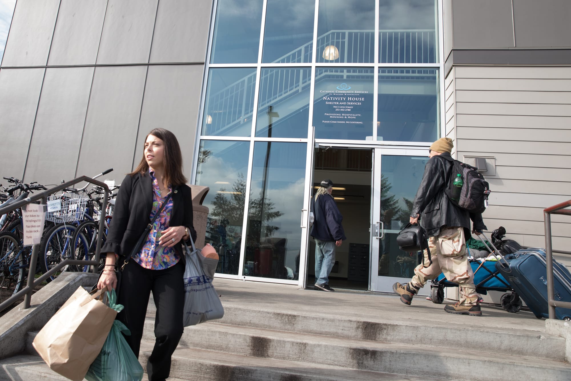 Washington state house of representatives candidate Maia Espinoza outside of Nativity House before donating clothes in Tacoma, Oct. 4, 2018. (Photo by Matt M. McKnight/Crosscut)