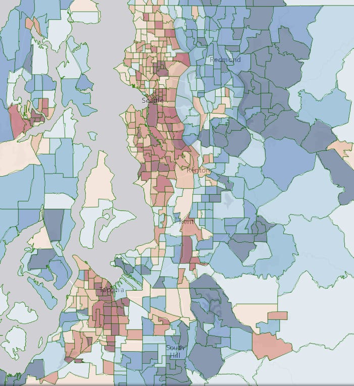 Lead exposure risks in Puget Sound, as determined by proportion of old housing and poverty levels. The deeper the red, the higher the risk