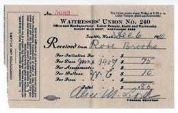 A union dues slip from the Waitresses Union.
