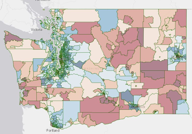 Risk for lead exposure throughout Washington, as determined by proportion of old housing and poverty levels. The deeper the red, the higher the risk.