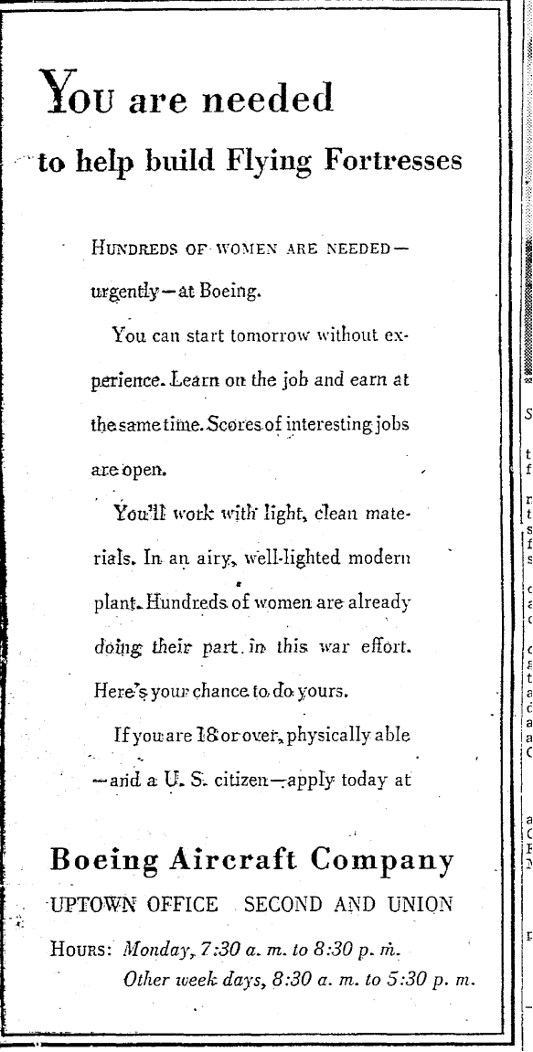 Help Wanted poster stating that "Hundreds of women are needed - urgently - at Boeing."