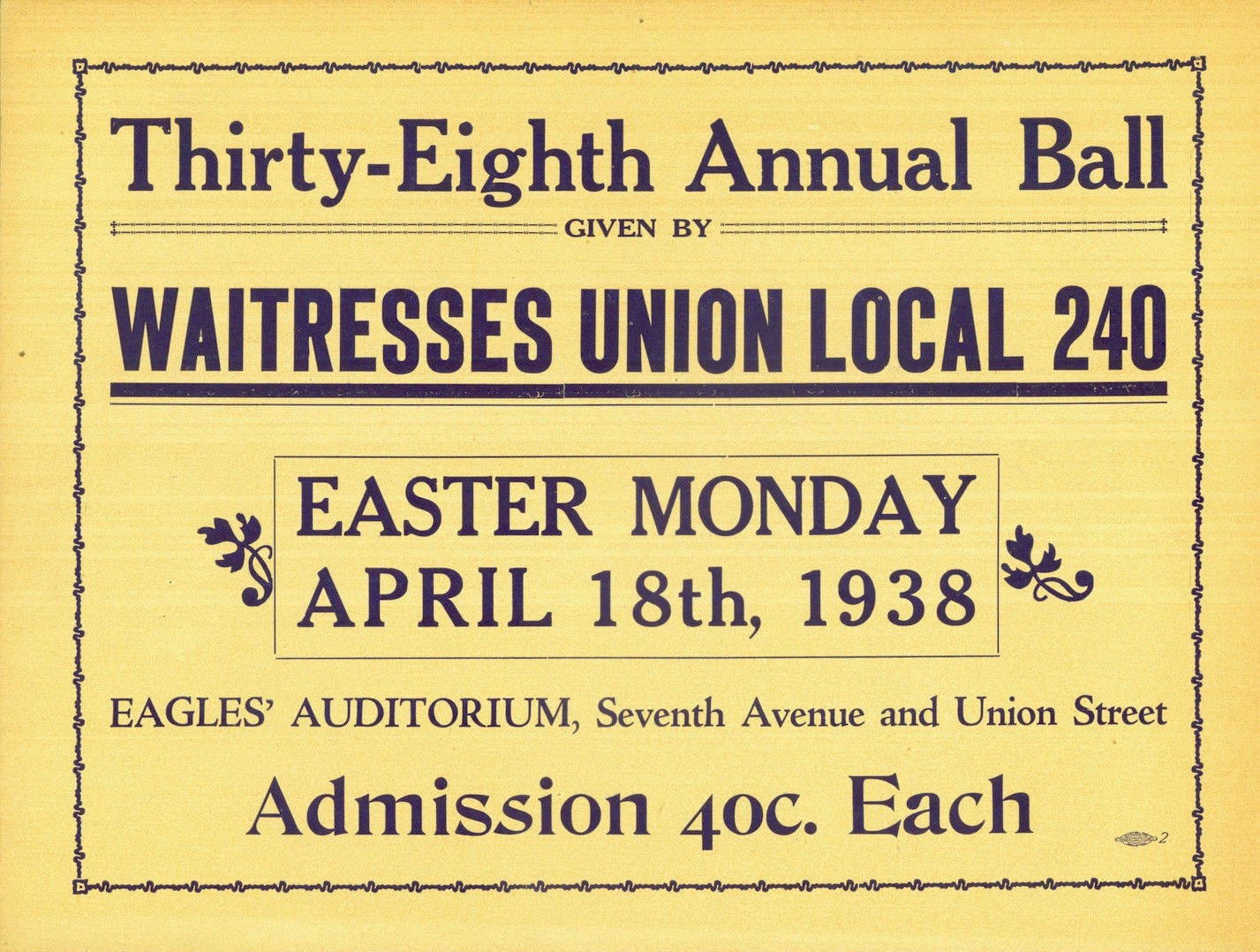 A poster for the 38th annual Waitress Union dance on Easter in 1938