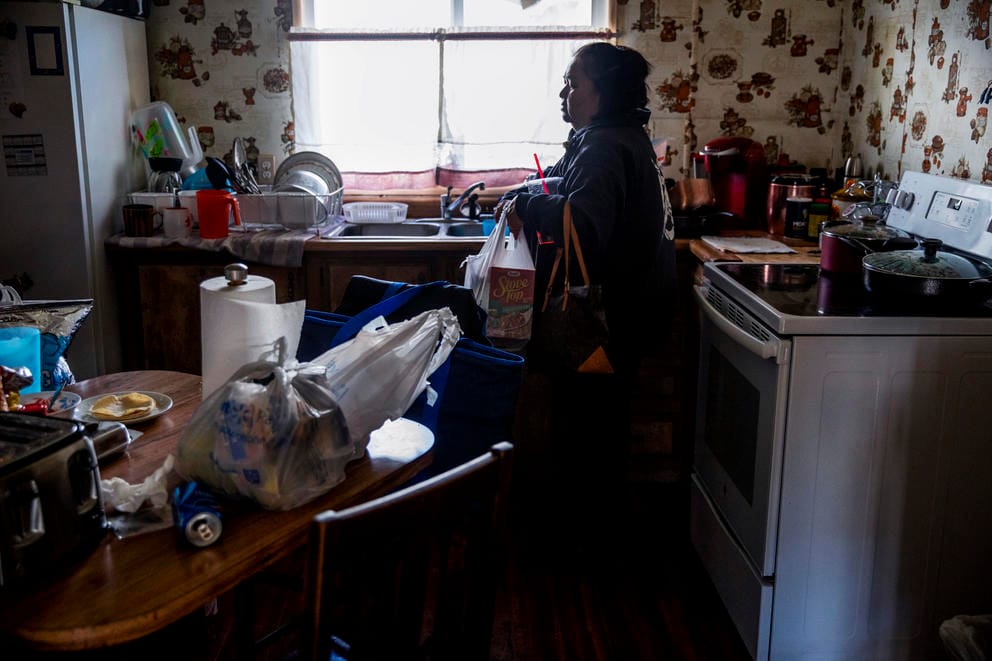 Dawn putting away grocers in her kitchen