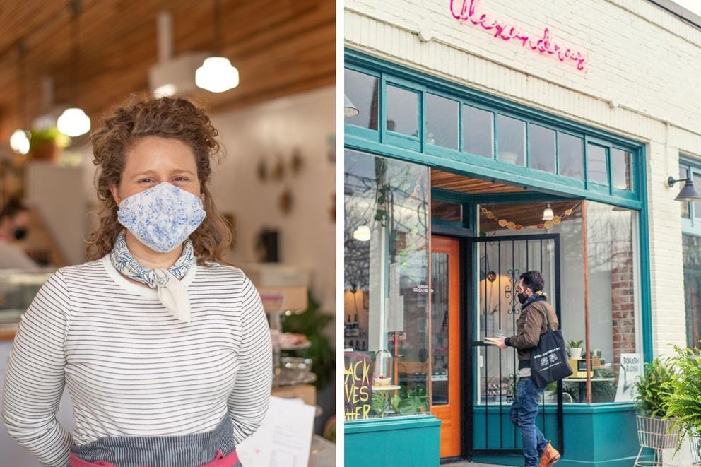 person with curls on left with mask, on right: bakery facade