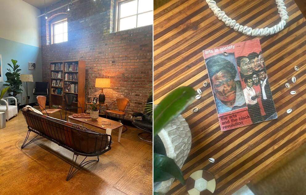 side by side photo of interior with vintage furniture and books, photo on the right is a close up photo, from above, of a book (