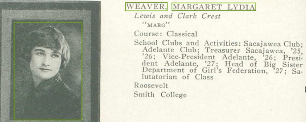 Margaret Weaver's yearbook photo, with a description of club involvement