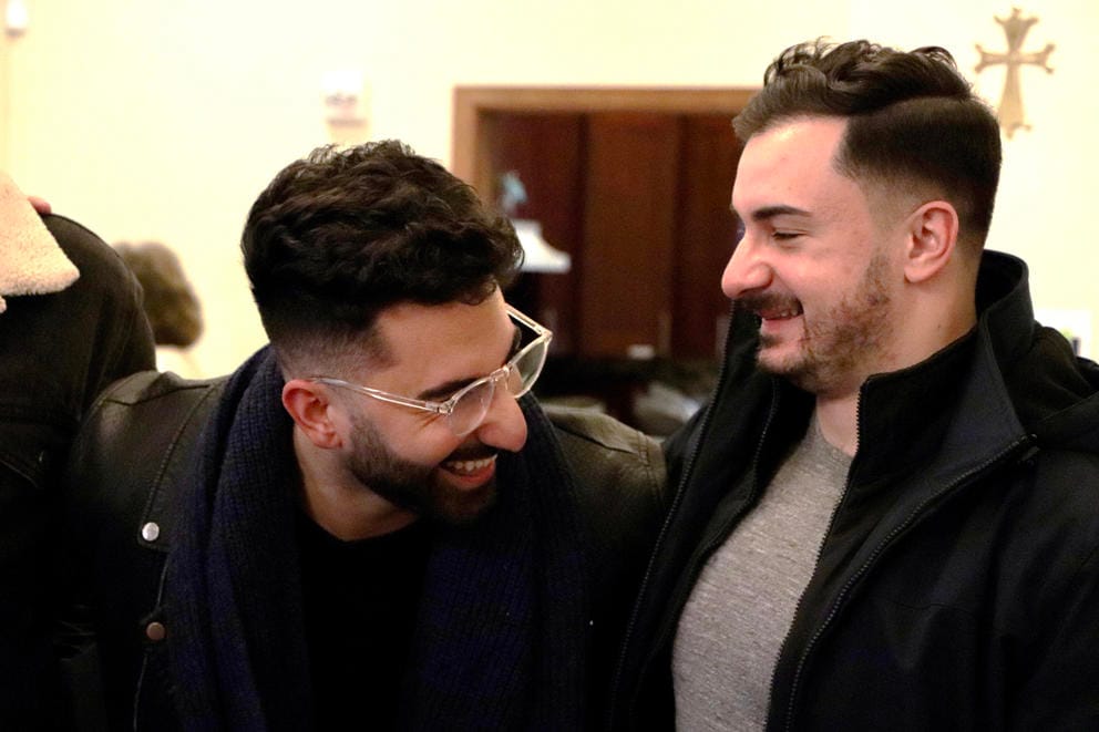 David-Hayk Buniatyan, left, and a friend after a Sunday church service