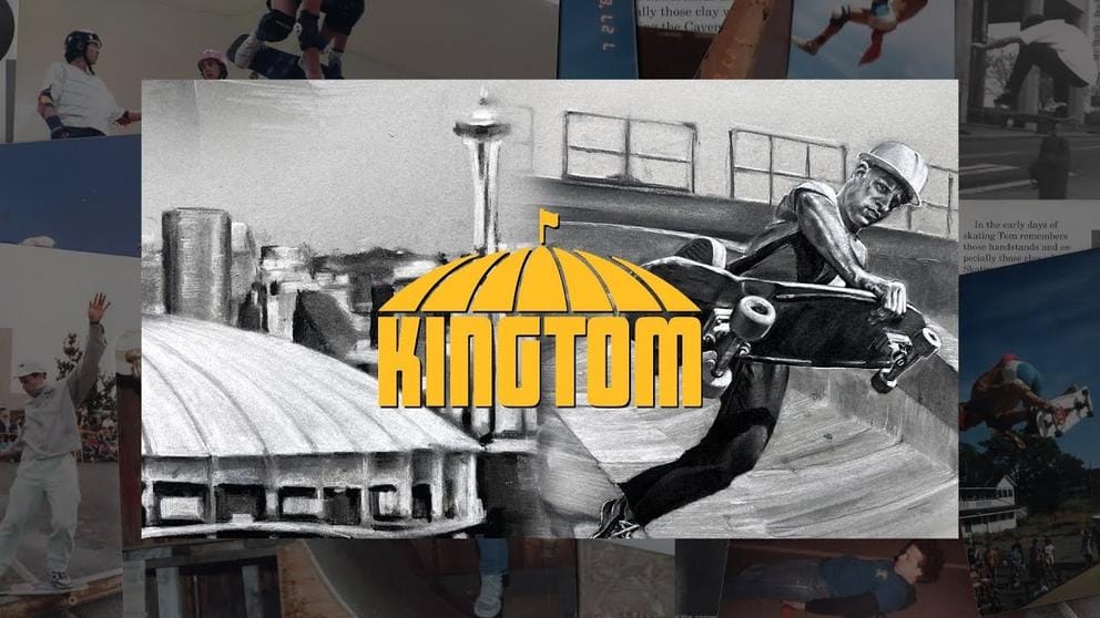 a movie still with a collage of images including the kingdome and a skateboarder and the word Kingtom