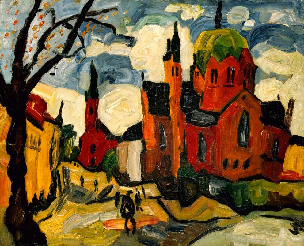 expressionist painting of reddish orange buildings